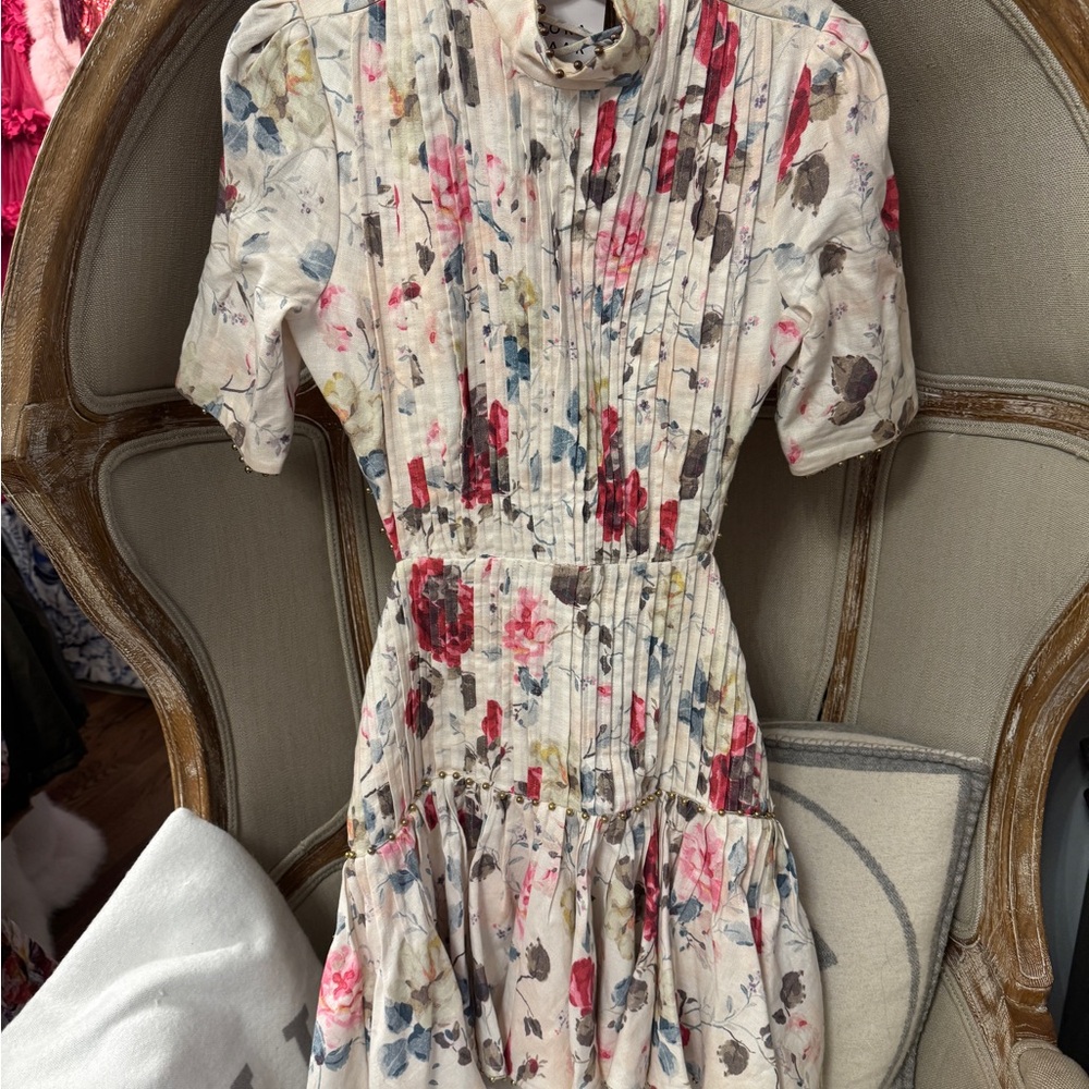 Zimmermann Mischief Cream Floral Pintuck Mini Dress w/Pink Roses Corset Back - Picture 10 of 12